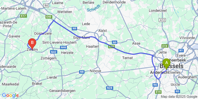 Map: Brussels Midi Train Station to Zwalm