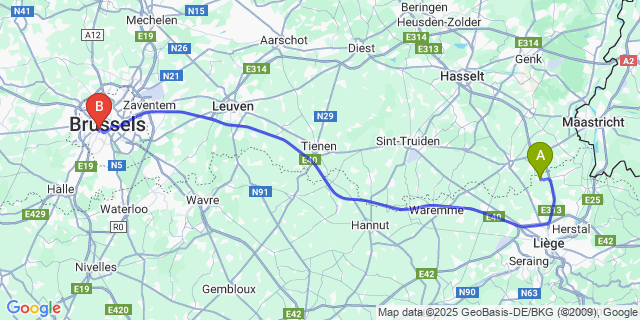 Map: Brussels Midi Train Station to Glons