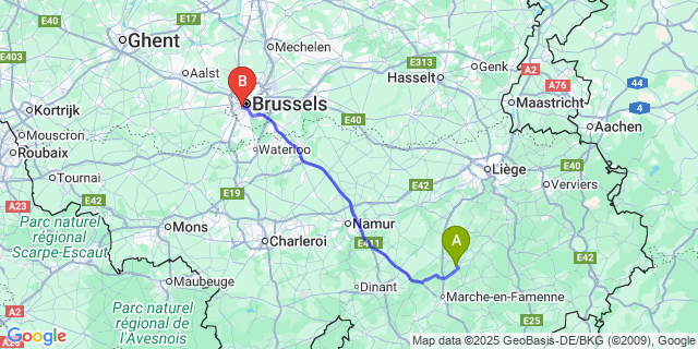 Map: Brussels Midi Train Station to Grandhan