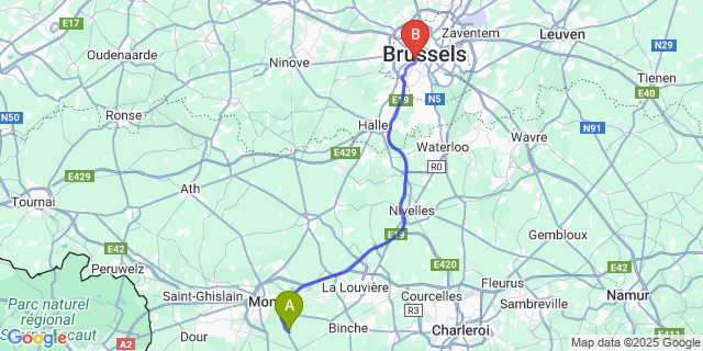 Map: Brussels Midi Train Station to Harmignies