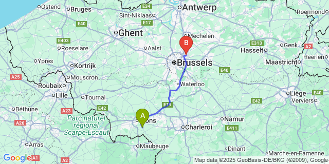 Map: Brussels Zaventem Airport (BRU) to Harmignies