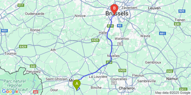 Map: Brussels Midi Train Station to Harveng