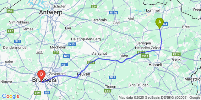 Map: Brussels Midi Train Station to Hechtel