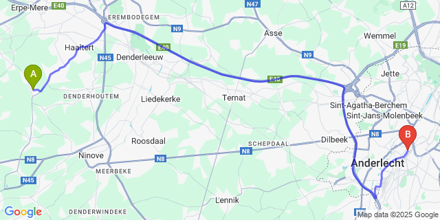 Map: Brussels Midi Train Station to Heldergem