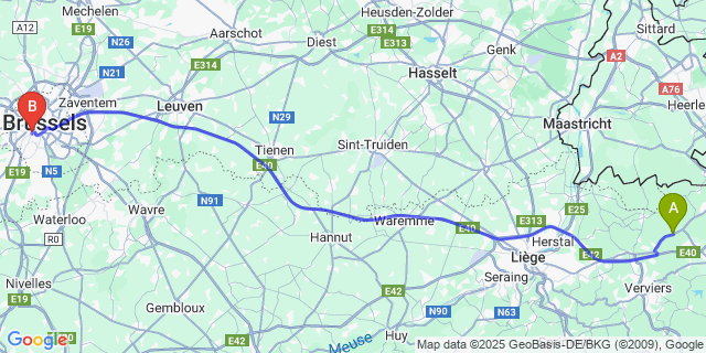 Map: Brussels Midi Train Station to Henri-Chapelle