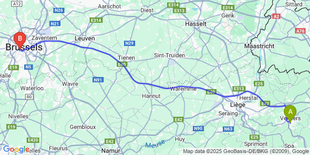 Map: Brussels Midi Train Station to Heusy