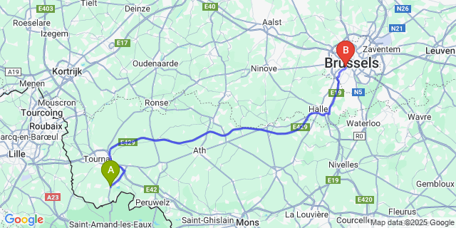 Map: Brussels Midi Train Station to Hollain