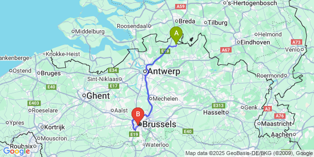 Map: Brussels Midi Train Station to Hoogstraten