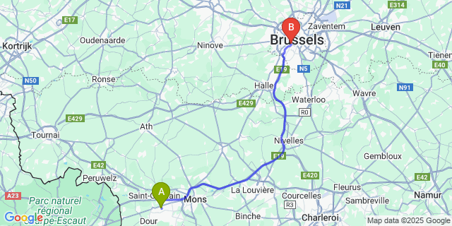 Map: Brussels Midi Train Station to Hornu
