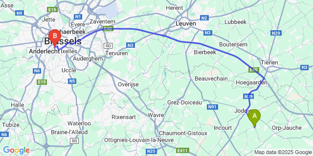 Map: Brussels Midi Train Station to Huppaye