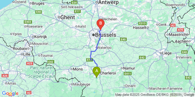 Map: Brussels Zaventem Airport (BRU) to Jamioulx