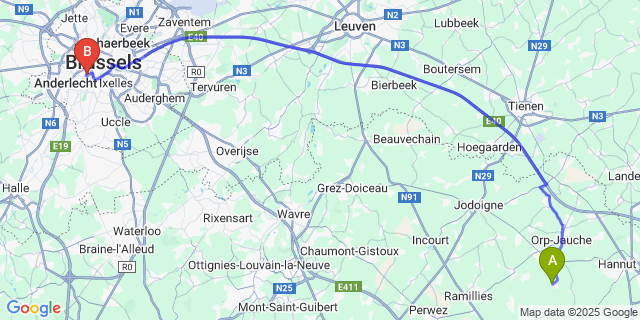 Map: Brussels Midi Train Station to Jandrain-Jandrenouille