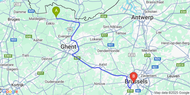 Map: Brussels Midi Train Station to Kaprijke