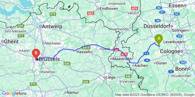 Map: Brussels Midi Train Station to Kaster
