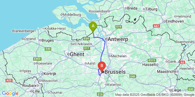 Map: Brussels Midi Train Station to Kieldrecht