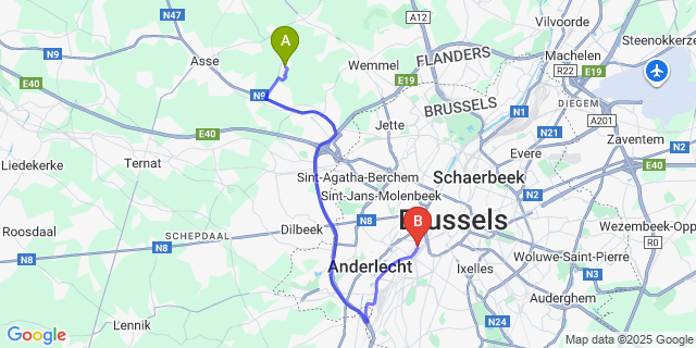 Map: Brussels Midi Train Station to Kobbegem