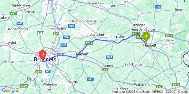 Map: Brussels Midi Train Station to Kuringen