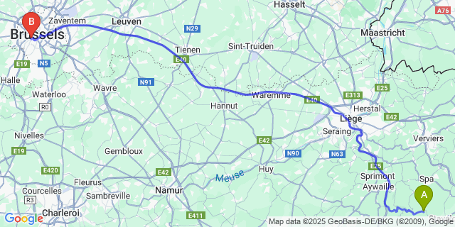 Map: Brussels Midi Train Station to La Gleize