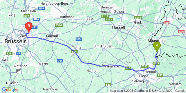 Map: Brussels Zaventem Airport (BRU) to Lanaye