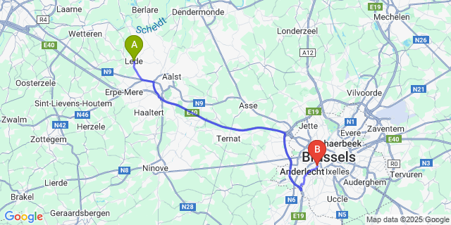 Map: Brussels Midi Train Station to Lede