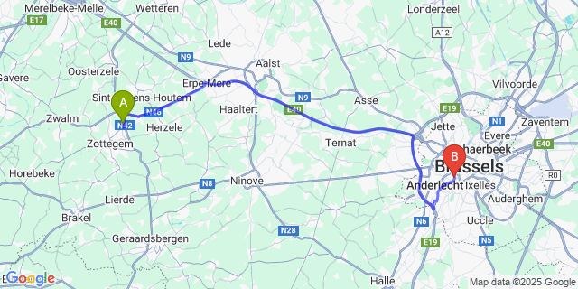 Map: Brussels Midi Train Station to Leeuwergem