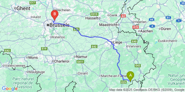 Map: Brussels Zaventem Airport (BRU) to Limerlé