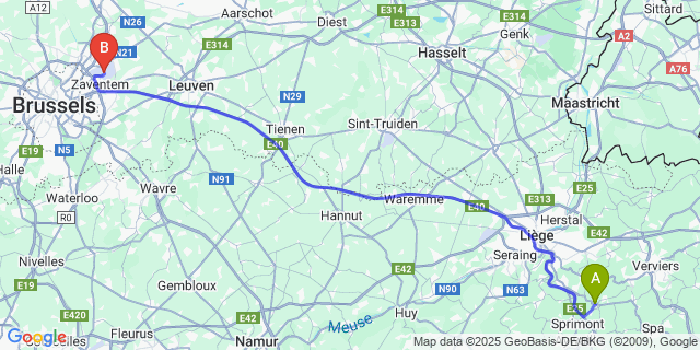 Map: Brussels Zaventem Airport (BRU) to Louveigné