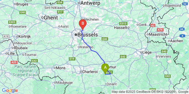 Map: Brussels Zaventem Airport (BRU) to Lustin