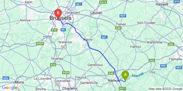 Map: Brussels Midi Train Station to Maizeret