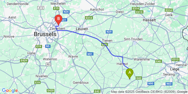 Map: Brussels Zaventem Airport (BRU) to Marneffe
