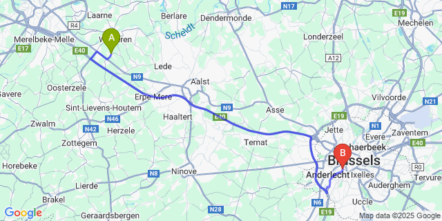 Map: Brussels Midi Train Station to Massemen