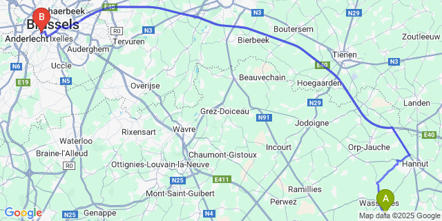 Map: Brussels Midi Train Station to Meeffe