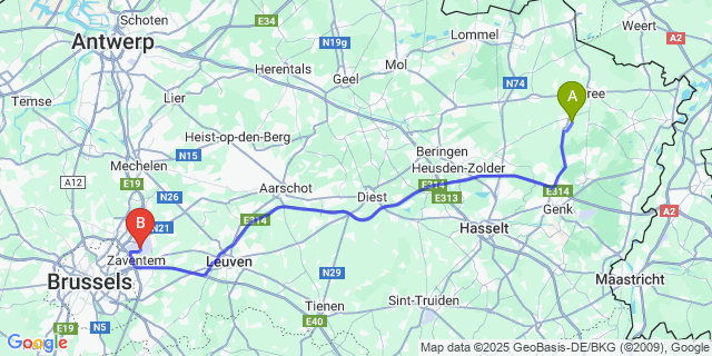 Map: Brussels Zaventem Airport (BRU) to Meeuwen