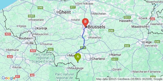 Map: Brussels Midi Train Station to Merbes-Sainte-Marie