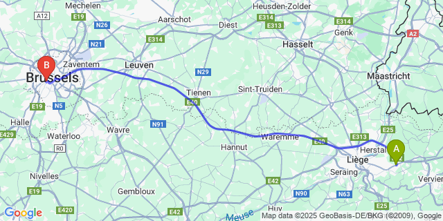 Map: Brussels Midi Train Station to Micheroux