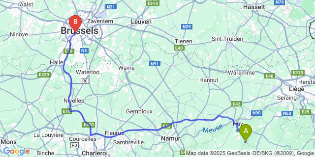 Map: Brussels Midi Train Station to Modave