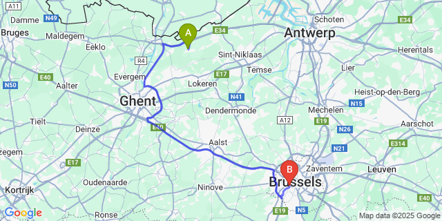 Map: Brussels Midi Train Station to Moerbeke