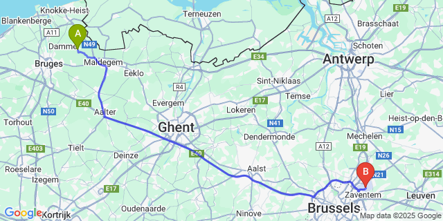 Map: Brussels Zaventem Airport (BRU) to Moerkerke
