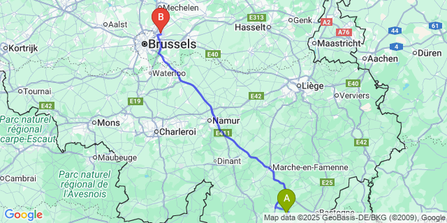 Map: Brussels Zaventem Airport (BRU) to Moircy