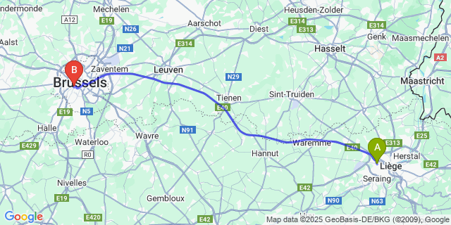 Map: Brussels Midi Train Station to Montegnée