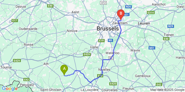 Map: Brussels Zaventem Airport (BRU) to Montignies-Lez-Lens