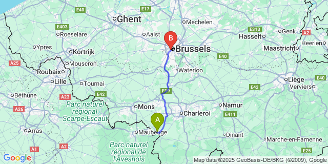 Map: Brussels Midi Train Station to Montignies-Saint-Christophe