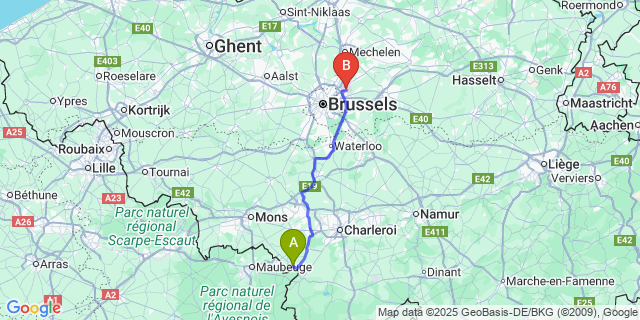 Map: Brussels Zaventem Airport (BRU) to Montignies-Saint-Christophe