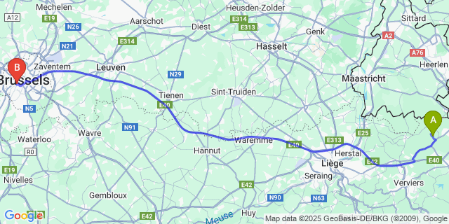 Map: Brussels Midi Train Station to Montzen