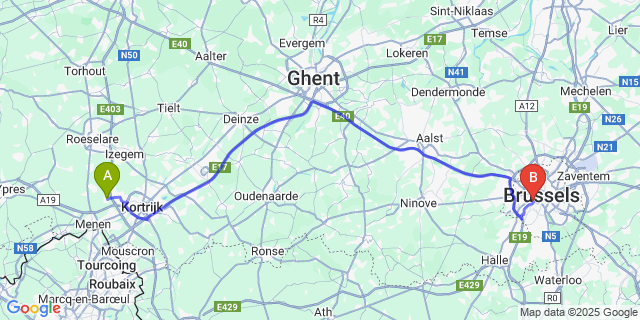 Map: Brussels Midi Train Station to Moorsele