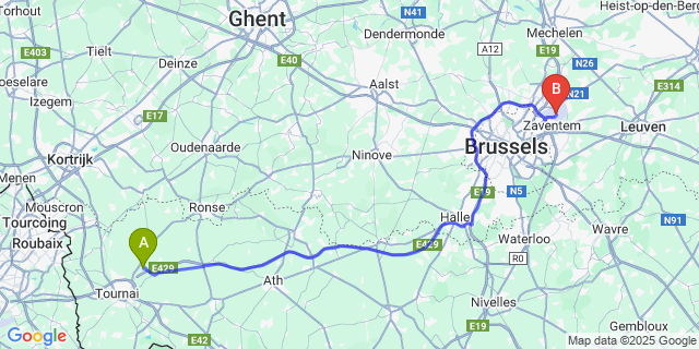 Map: Brussels Zaventem Airport (BRU) to Mourcourt