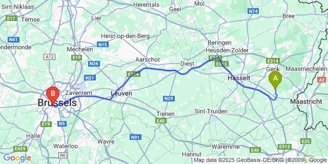 Map: Brussels Midi Train Station to Munsterbilzen