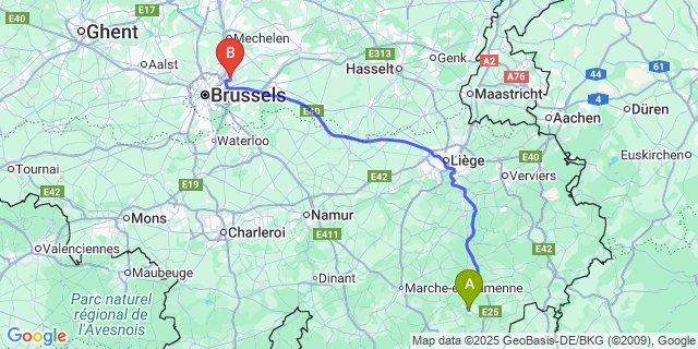 Map: Brussels Zaventem Airport (BRU) to Nadrin