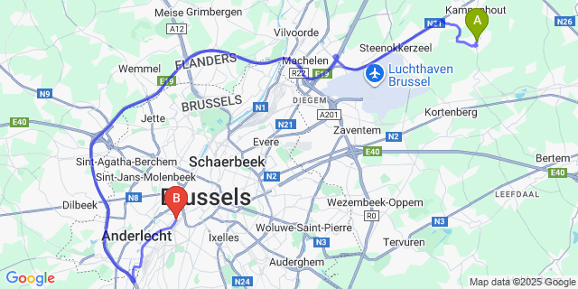 Map: Brussels Midi Train Station to Nederokkerzeel