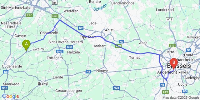 Map: Brussels Midi Train Station to Nederzwalm-Hermelgem